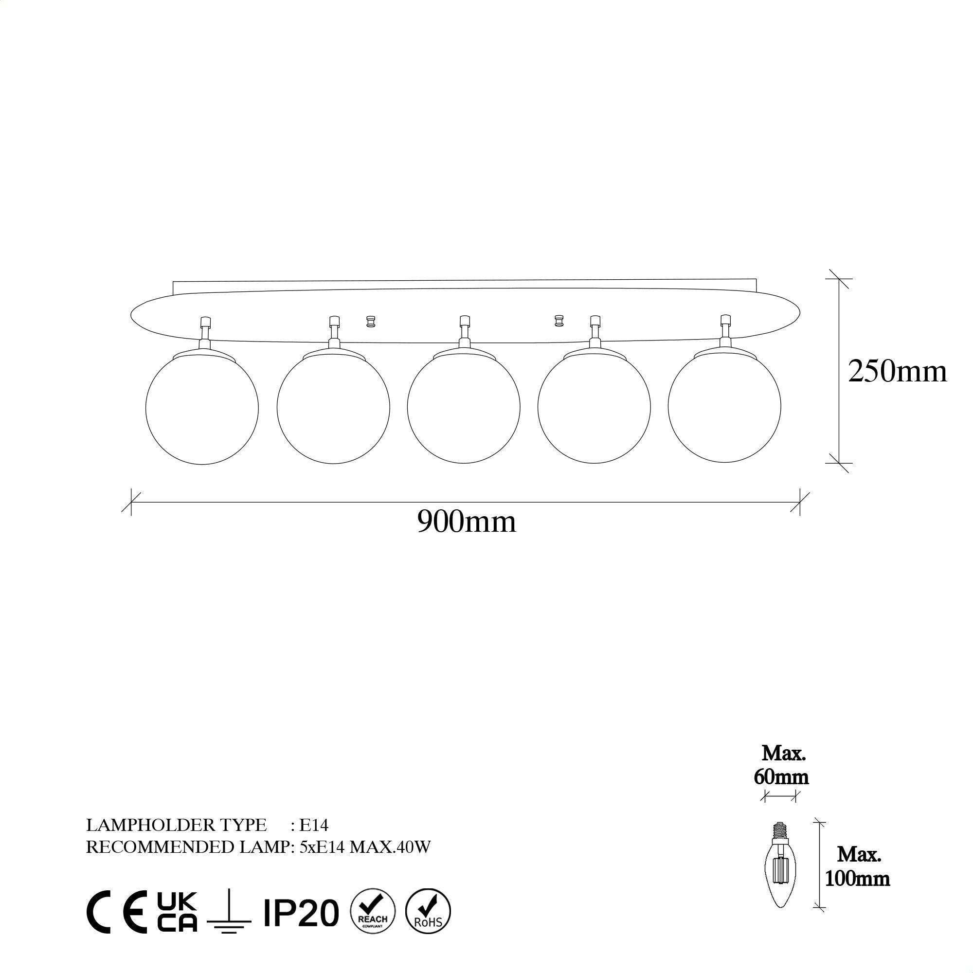 Plafonnier 5 lampes alignées Taly L90cm Métal Noir et Verre ambré Noir