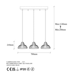 Plafonnier filaire 3 lampes Zanis 70cm Métal Noir