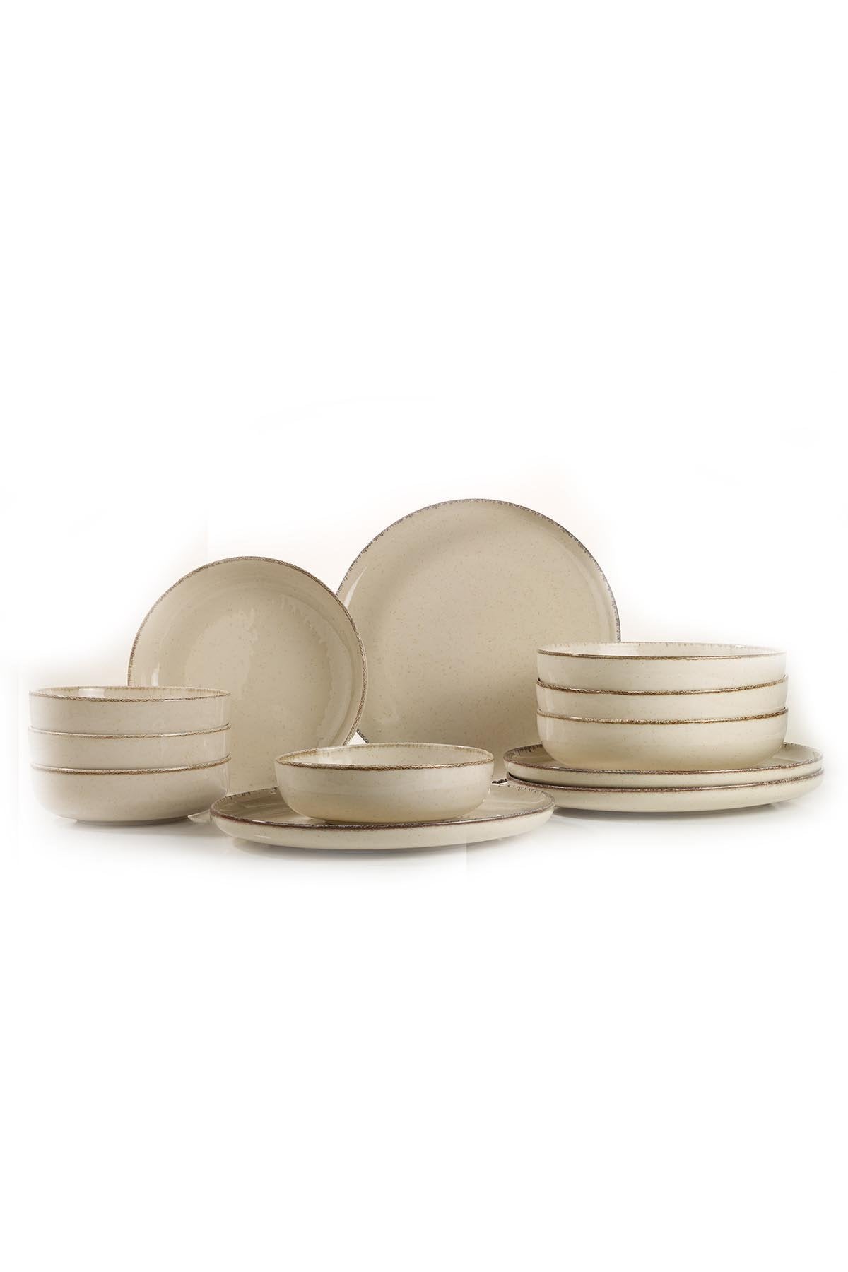 Service de table 12 pièces Ammeli 100% Porcelaine tacheté Blanc crème et Marron