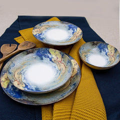 Service de table 24 pièces Alvara 100% Porcelaine Motif Abstrait Bleu, Jaune et Blanc