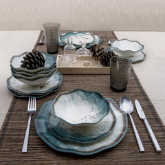 Service de table 24 pièces Dinal Porcelaine Motif Abstrait Bleu, Blanc et Marron