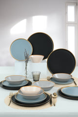 Service de table 24 pièces Huisne Céramique Blanc, Noir et Bleu avec lisère Or