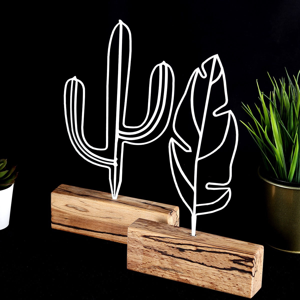 Set de 2 objet décoratif à poser Feuille et Cactus Zidas Bois clair et Métal Blanc