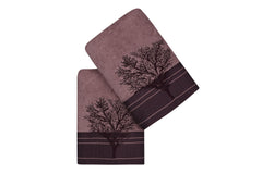 Set de 2 serviettes essuie-main grand liteau broderie arbre Apparatum 50 x 90 cm 100% Micro Coton Marron chocolat