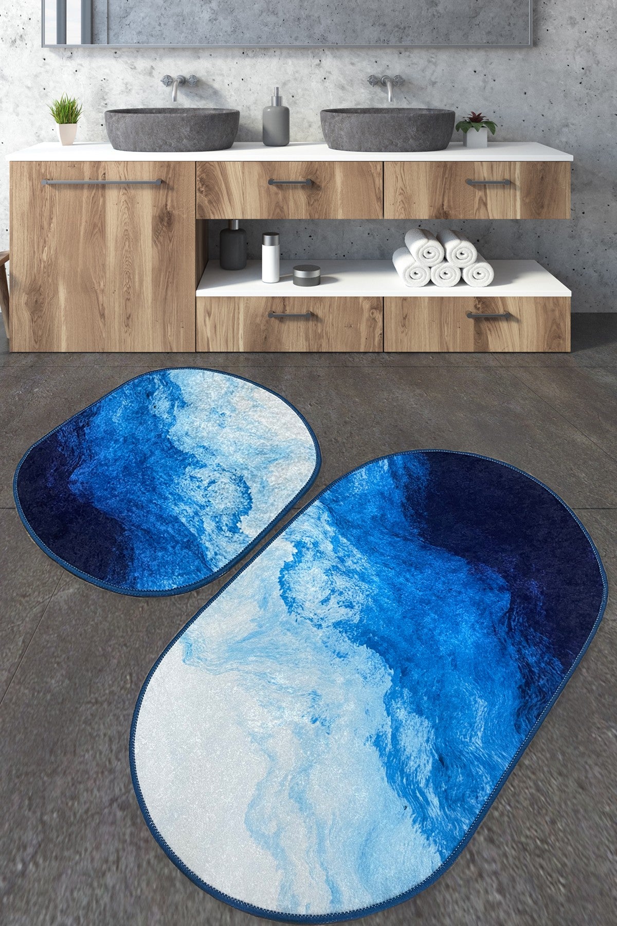 Set de 2 tapis de salle de bain ovale Wangi Motif Mer Bleu et Blanc