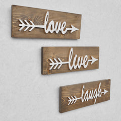 Set de 3 décorations murales Barhazy Bois massif foncé et Motif "Love, Live, Lough" Blanc