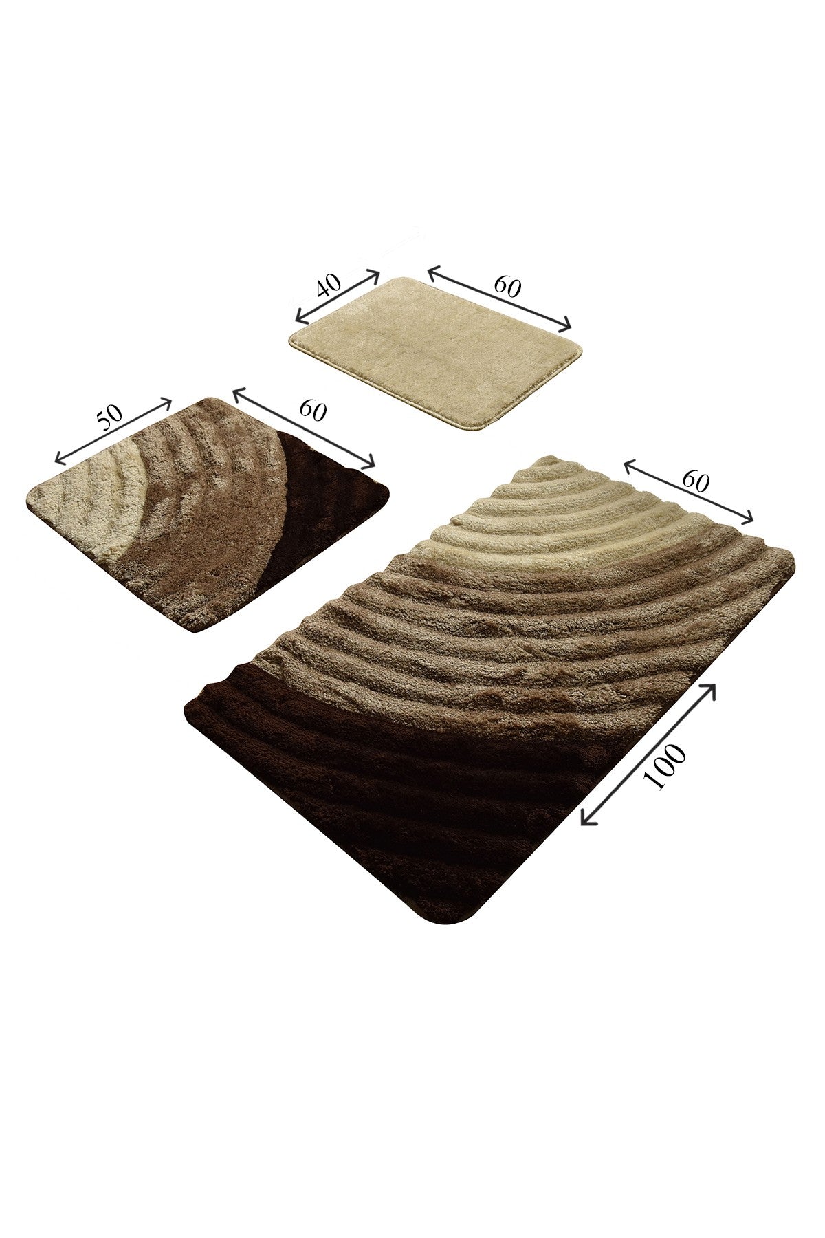 Set de 3 tapis de salle de bain rectangles Wakita Beige, Marron et Marron foncé