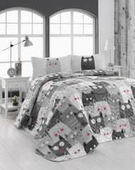 Set de couette 220x240cm et 2 taies d'oreiller 60x60cm Nakoma Tissu Motif Chats Gris, blanc et noir