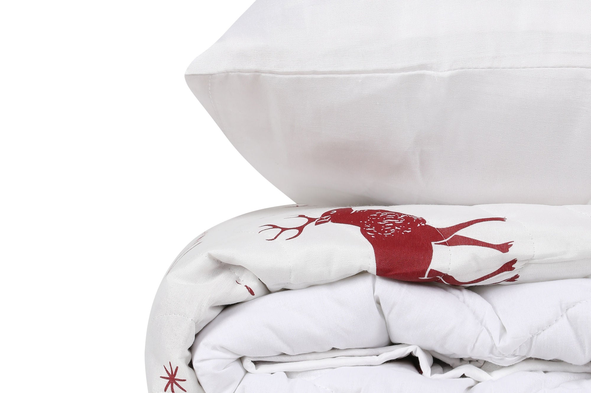 Set de couvre-lit 220x240cm et 2 taies d'oreiller 60x60cm Rocky Tissu Motif Cerf Bordeaux et Blanc