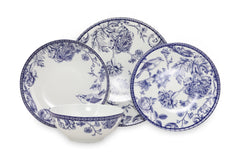 Set vaisselle service dîner 24 pièces Murrina 100% Porcelaine Motif Floral Bleu