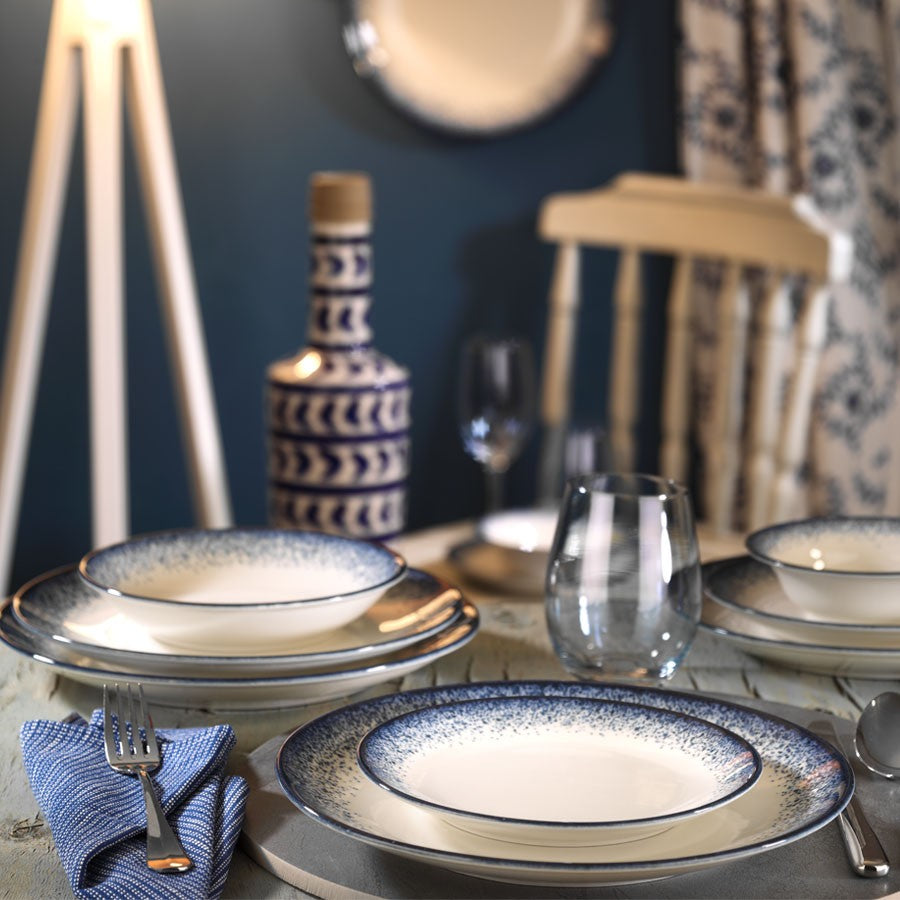 Set vaisselle service dîner 24 pièces Murrina 100% Porcelaine Bleu et Blanc