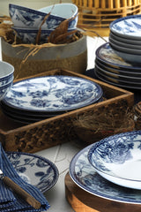 Set vaisselle service dîner 24 pièces Murrina 100% Porcelaine Motif Floral Bleu