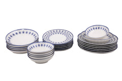 Set vaisselle service dîner 24 pièces Murrina Frise 100% Porcelaine Blanc et Bleu