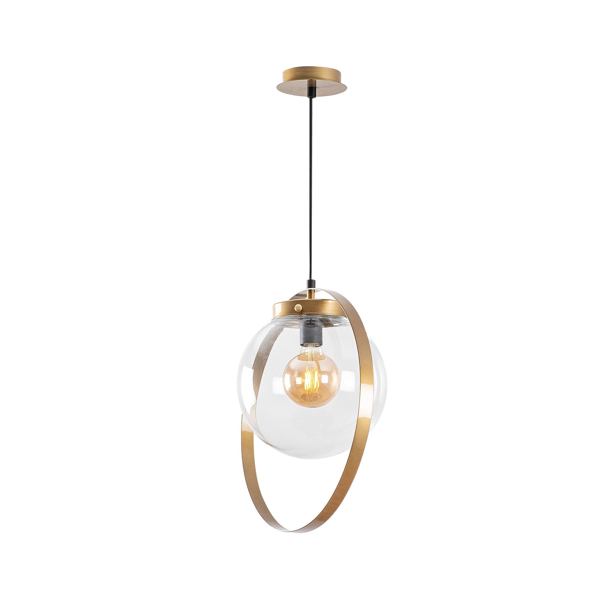 Suspension 1 lampe globe cerclé Jessie Métal Or et Verre Transparent