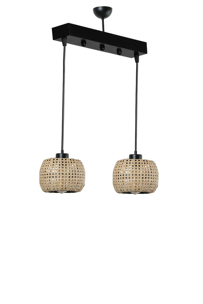 Suspension 2 lumières alignés Tropaeum Métal Noir et Rotin Beige