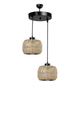 Suspension 2 lumières forme bombés Tropaeum Métal Noir et Rotin Beige