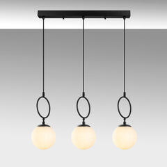 Suspension 3 lampes alignées Klimt L75cm Verre Blanc et Métal Noir