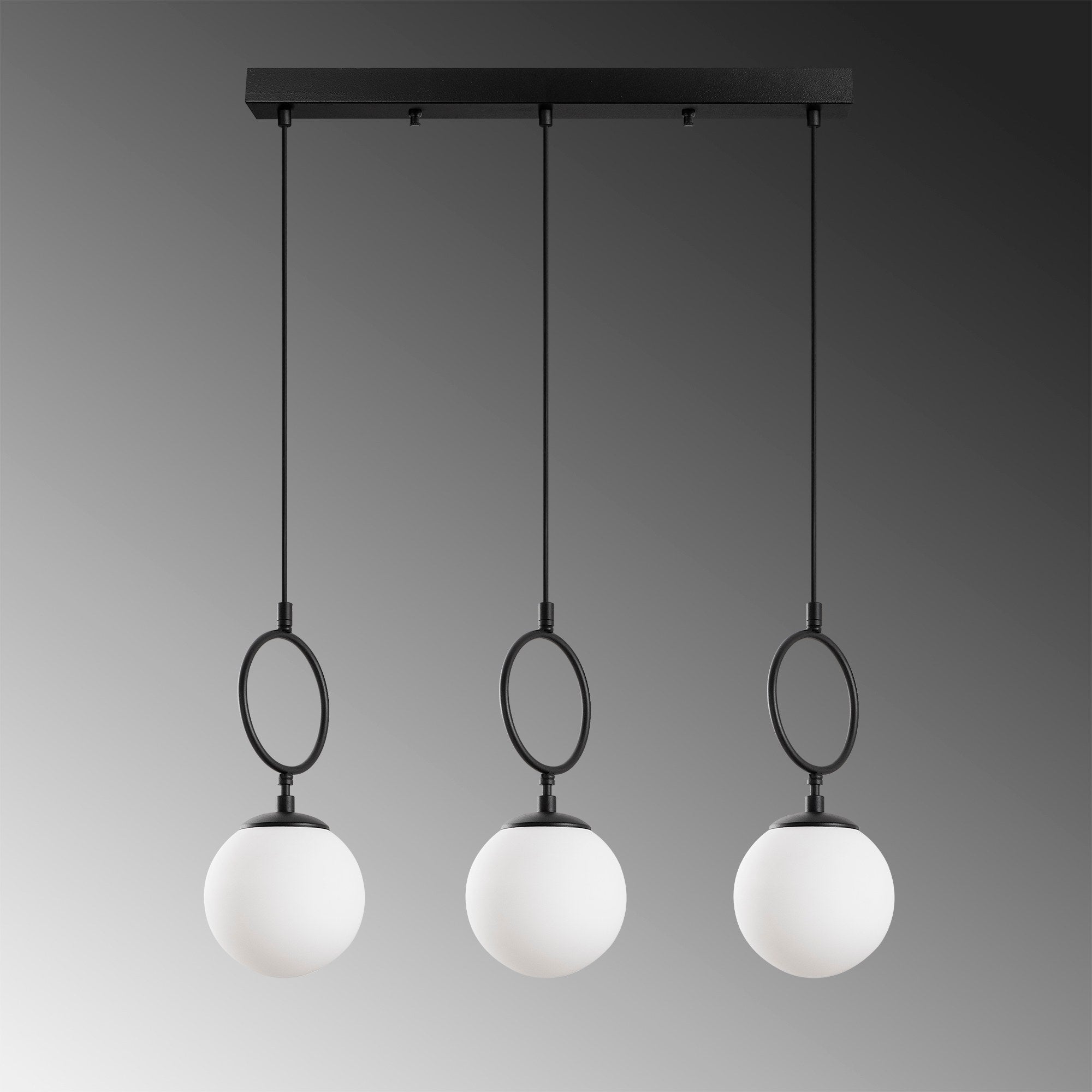 Suspension 3 lampes alignées Klimt L75cm Verre Blanc et Métal Noir