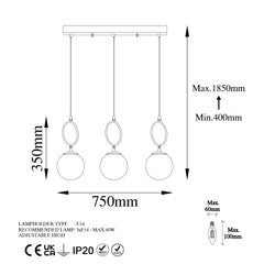 Suspension 3 lampes alignées Klimt L75cm Verre Blanc et Métal Noir