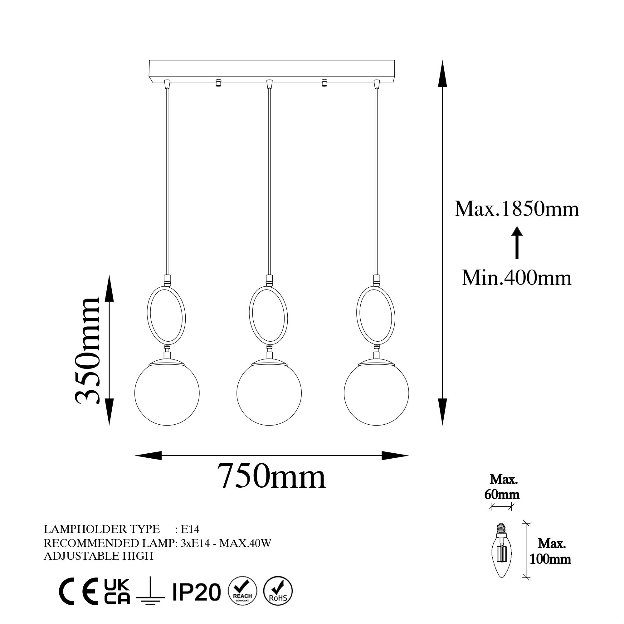 Suspension 3 lampes alignées Klimt L75cm Verre et Métal Blanc