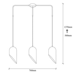 Suspension 3 lampes coupe oblique alignées Quisky 76cm Métal Noir et Or