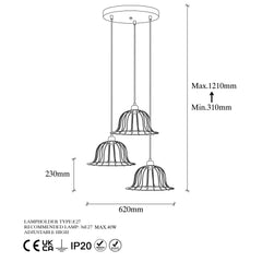 Suspension 3 lampes escalier design Jupian Métal Or