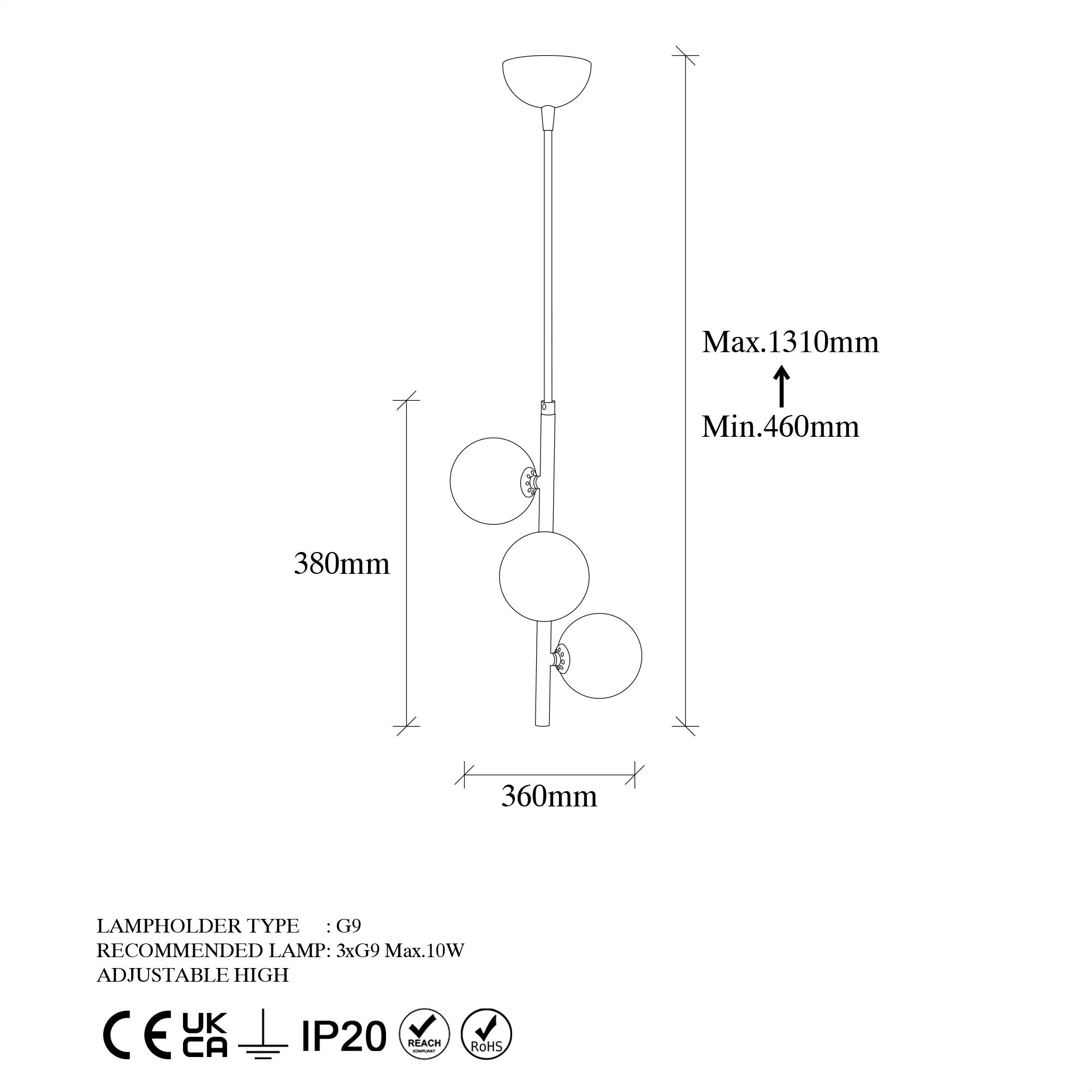 Suspension 3 lampes verticale Holla 46cm Verre Blanc et Métal Noir