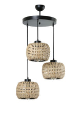 Suspension 3 lumières forme bombé Tropaeum Métal Noir et Rotin Beige