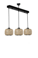 Suspension 3 lumières Tropaeum Métal Noir et Rotin Beige