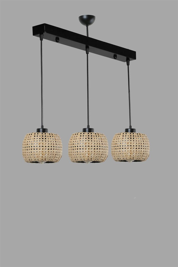 Suspension 3 lumières Tropaeum Métal Noir et Rotin Beige