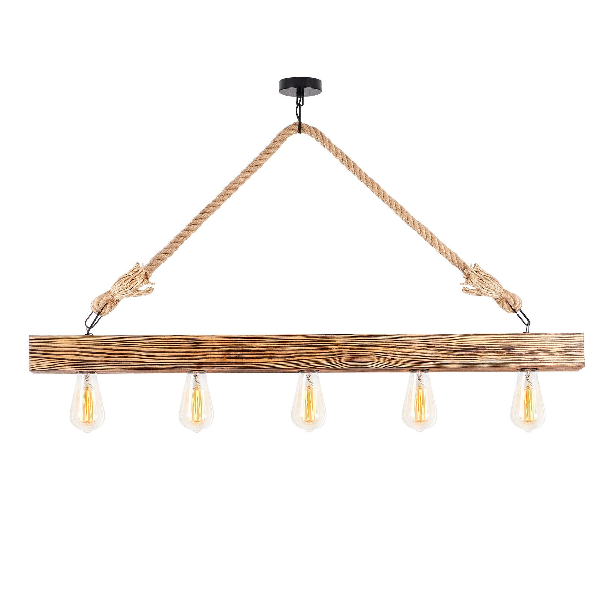 Suspension 4 lampes alignées Jazmi 100cm Bois claire et Corde Beige