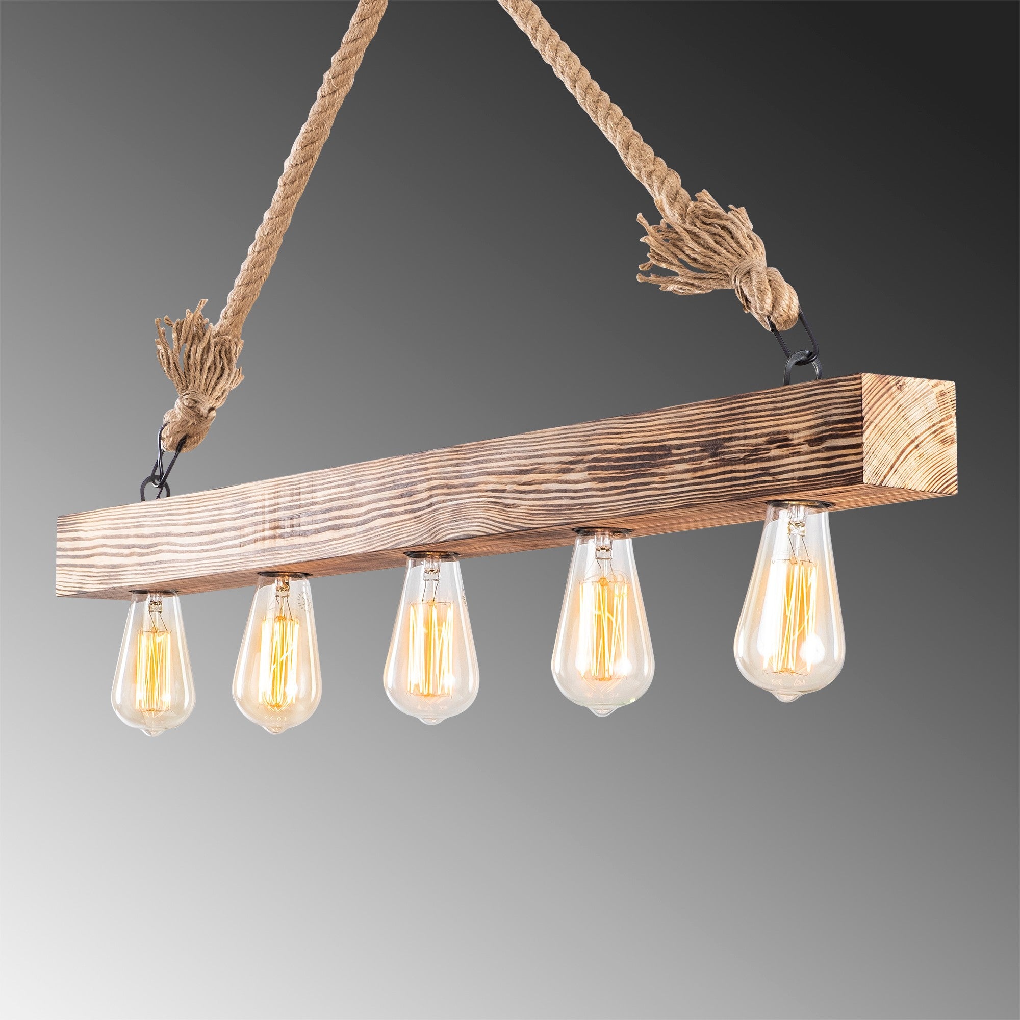 Suspension 4 lampes alignées Jazmi 100cm Bois claire et Corde Beige