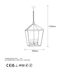 Suspension 4 lampes design forme de cage Travino Métal Or