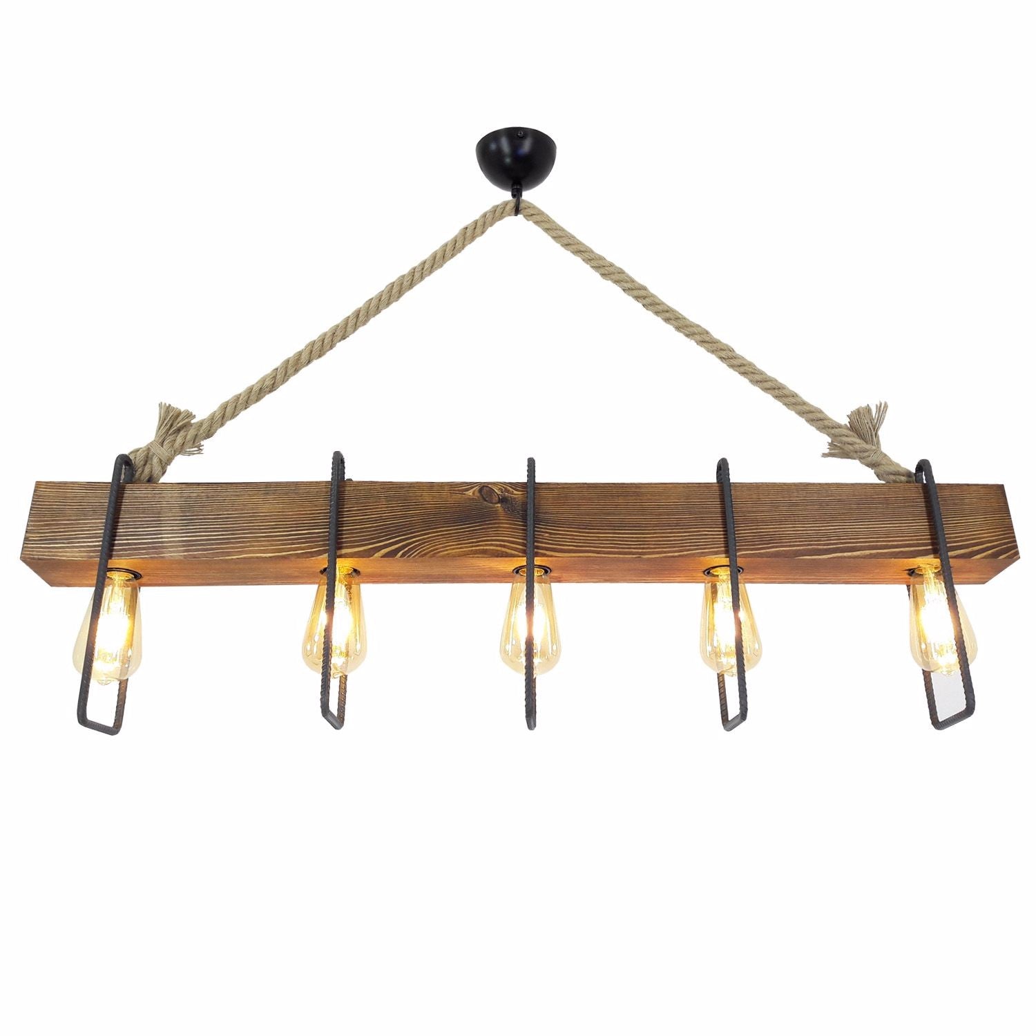 Suspension 5 lampes alignées Taryne 100cm Métal Noir Pin massif Naturel et Corde Beige