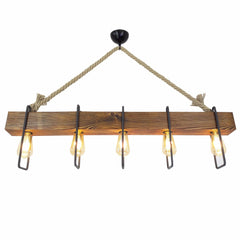 Suspension 5 lampes alignées Taryne 100cm Métal Noir Pin massif Naturel et Corde Beige