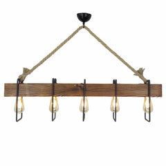 Suspension 5 lampes alignées Taryne 100cm Métal Noir Pin massif Naturel et Corde Beige