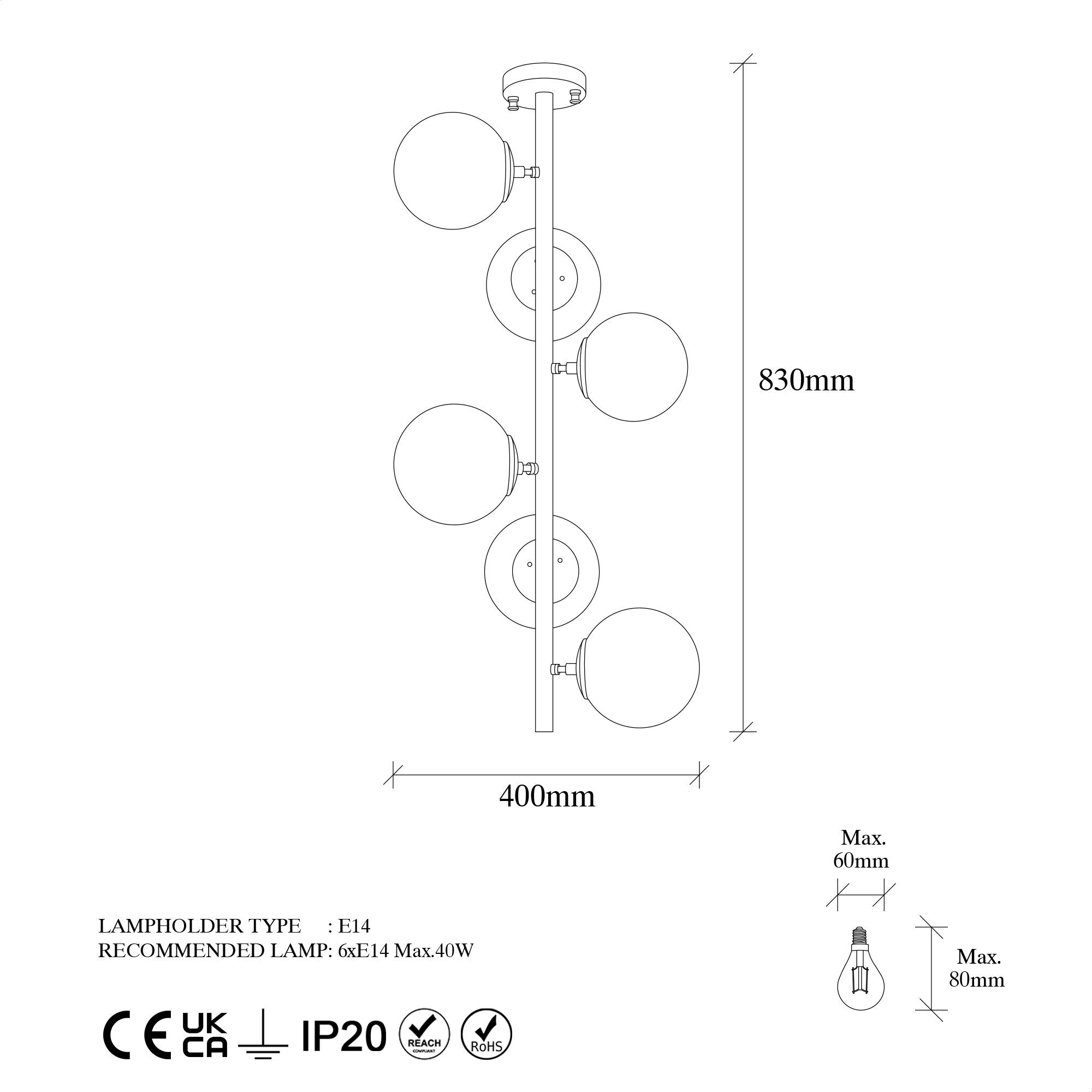 Suspension 6 lampes verticale Holla H83cm Verre Blanc et Métal Noir