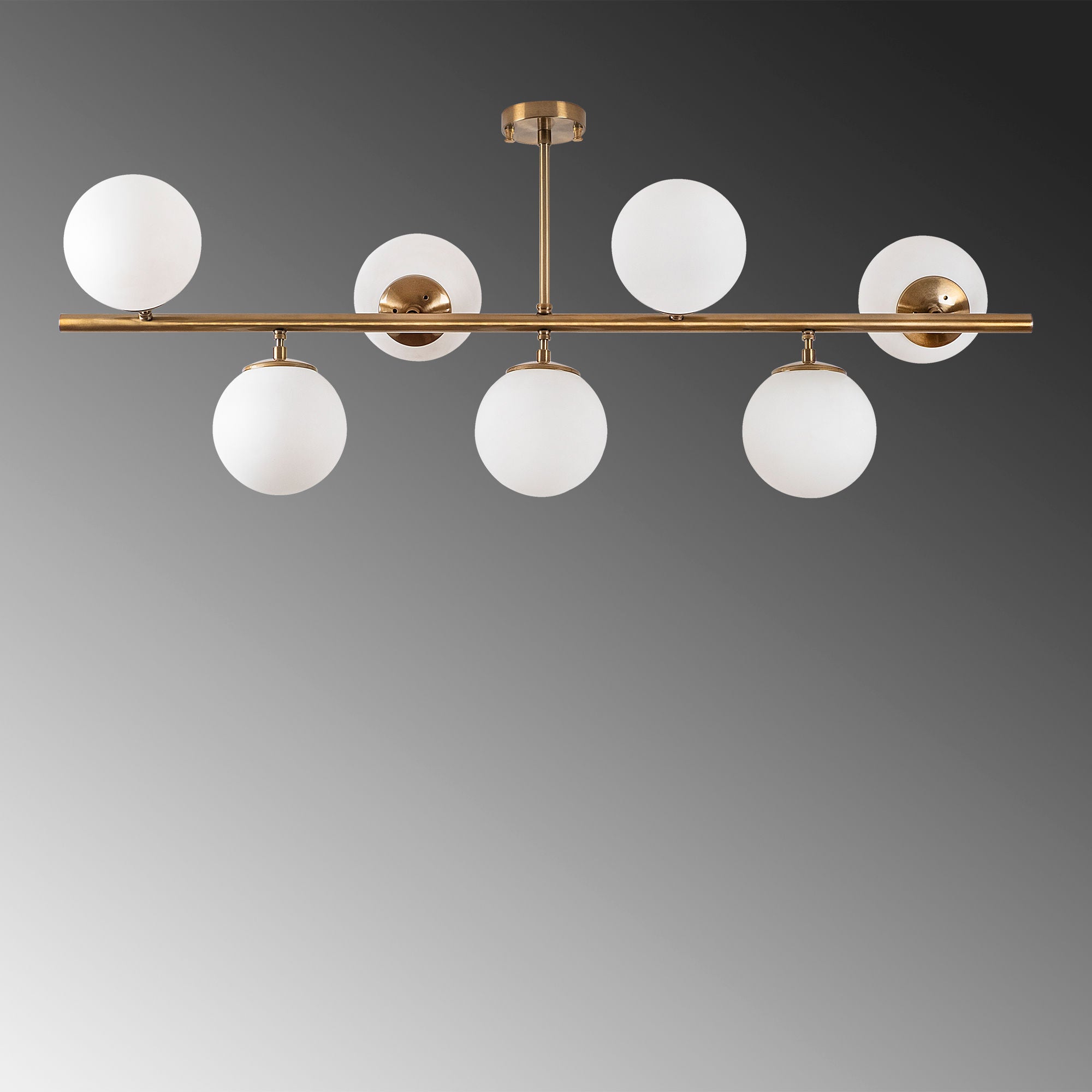 Suspension 7 lampes sphériques Holla 113cm Verre Blanc et Métal Or