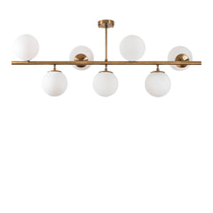 Suspension 7 lampes sphériques Holla 113cm Verre Blanc et Métal Or