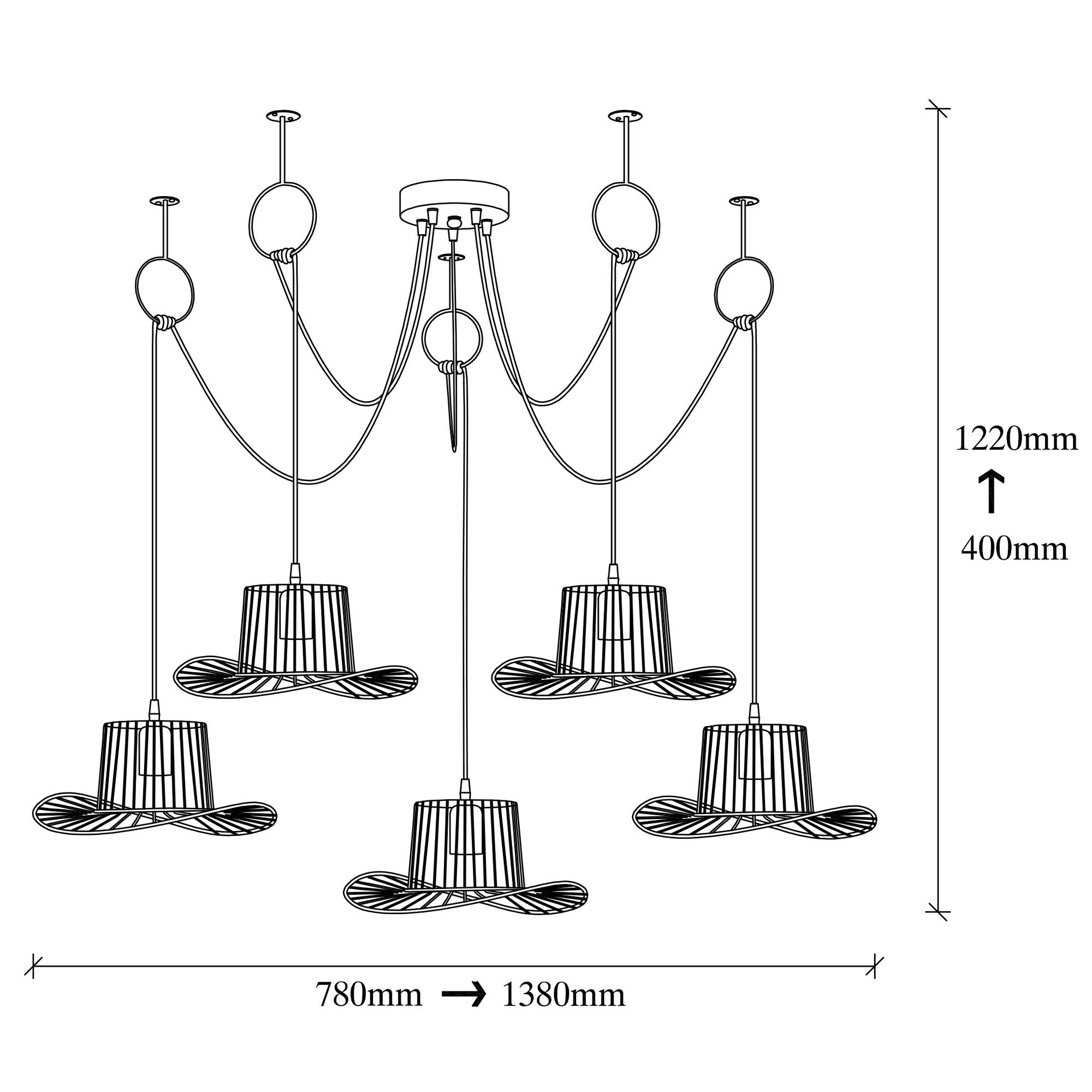 Suspension araignée 5 lampes chapeau Bert 138cm Métal Noir