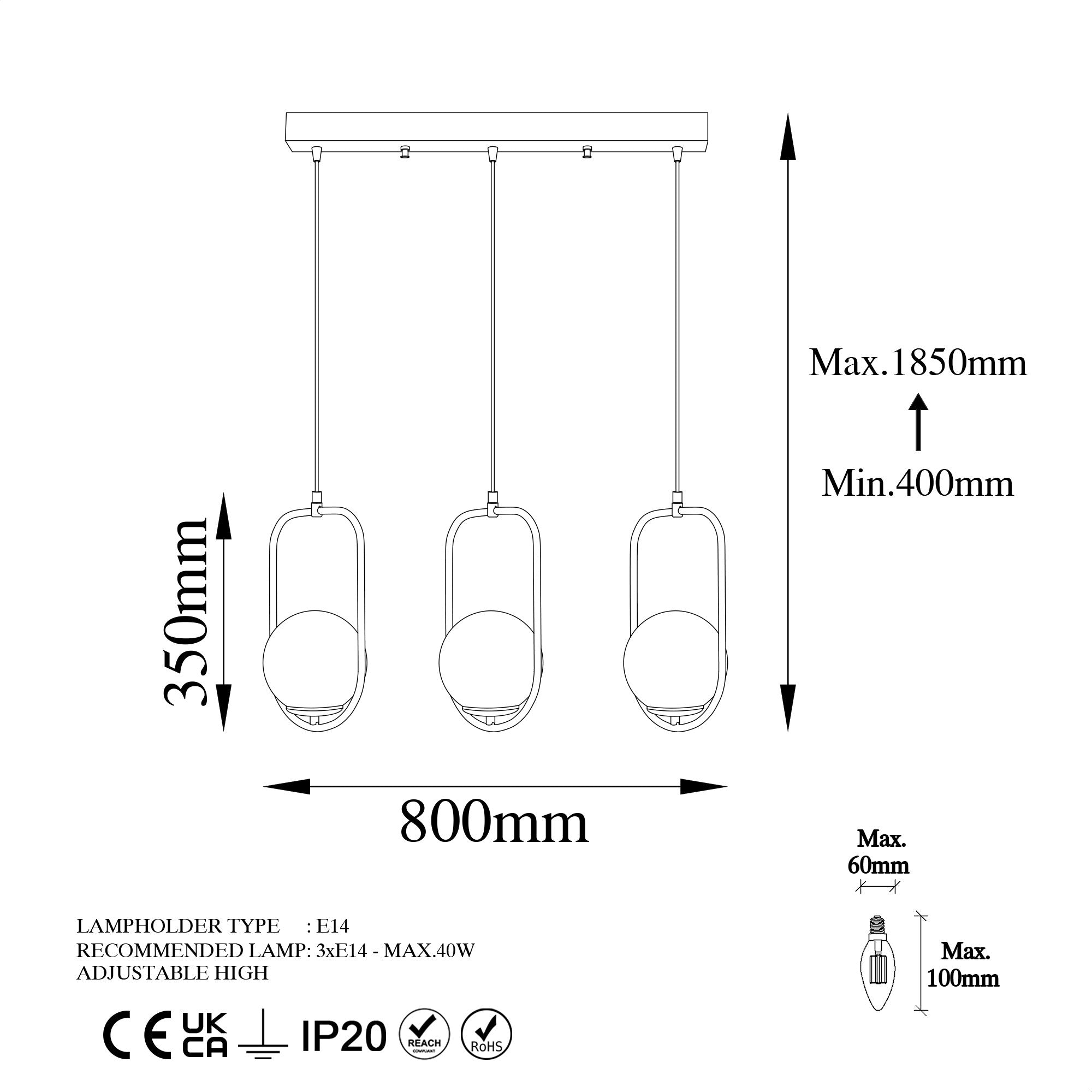 Suspension design 3 lampes alignées Rijin L80cm Métal et Verre Blanc