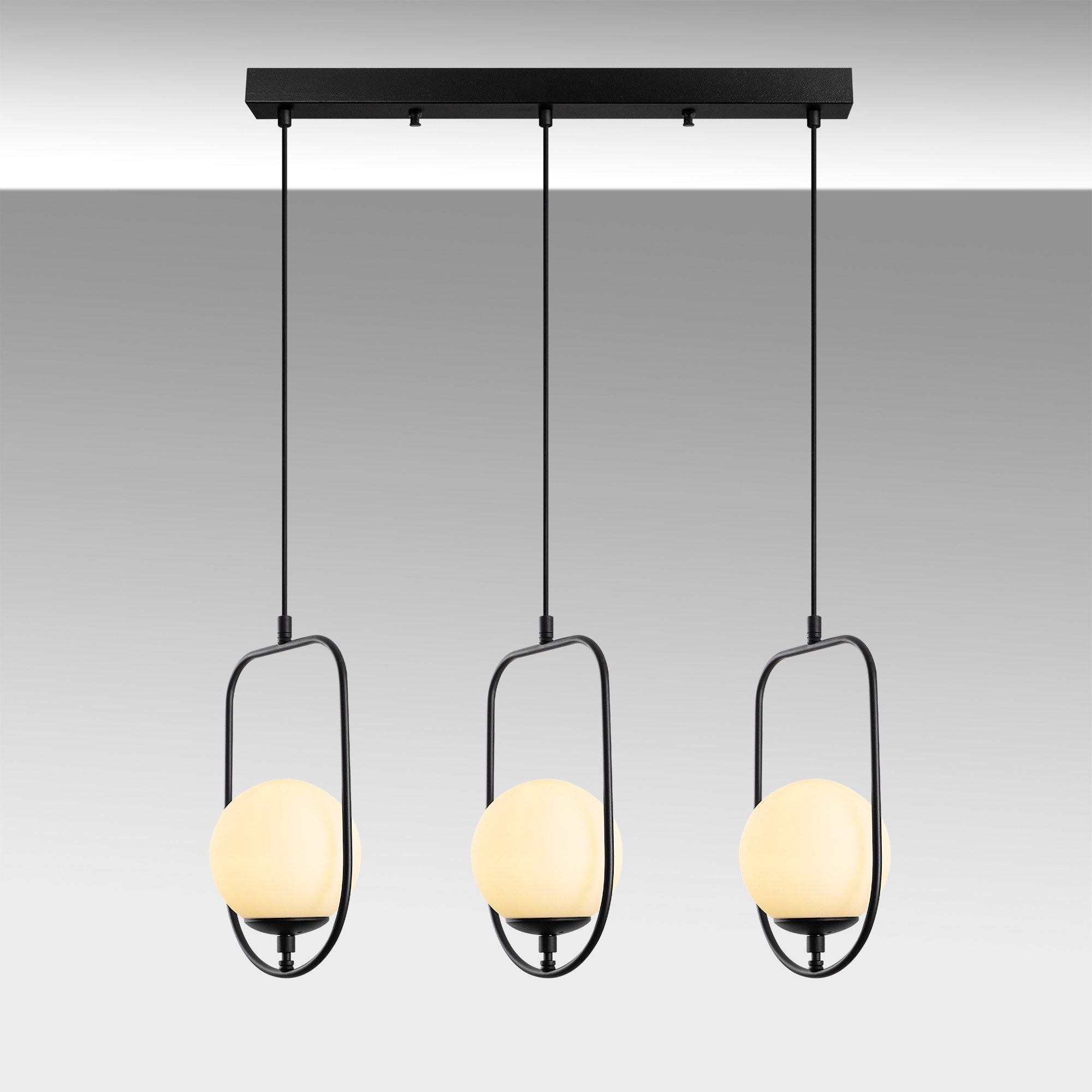 Suspension design 3 lampes alignées Rijin L80cm Métal Noir et Verre Blanc