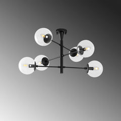 Suspension design battons 6 lampes Lunas Métal Noir et Verre Transparent