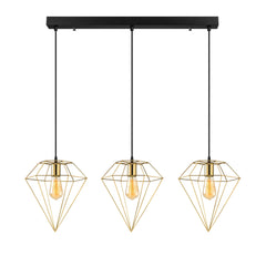 Suspension filaire diamant 3 lampes alignées Berlioz L100cm Métal Noir et Or