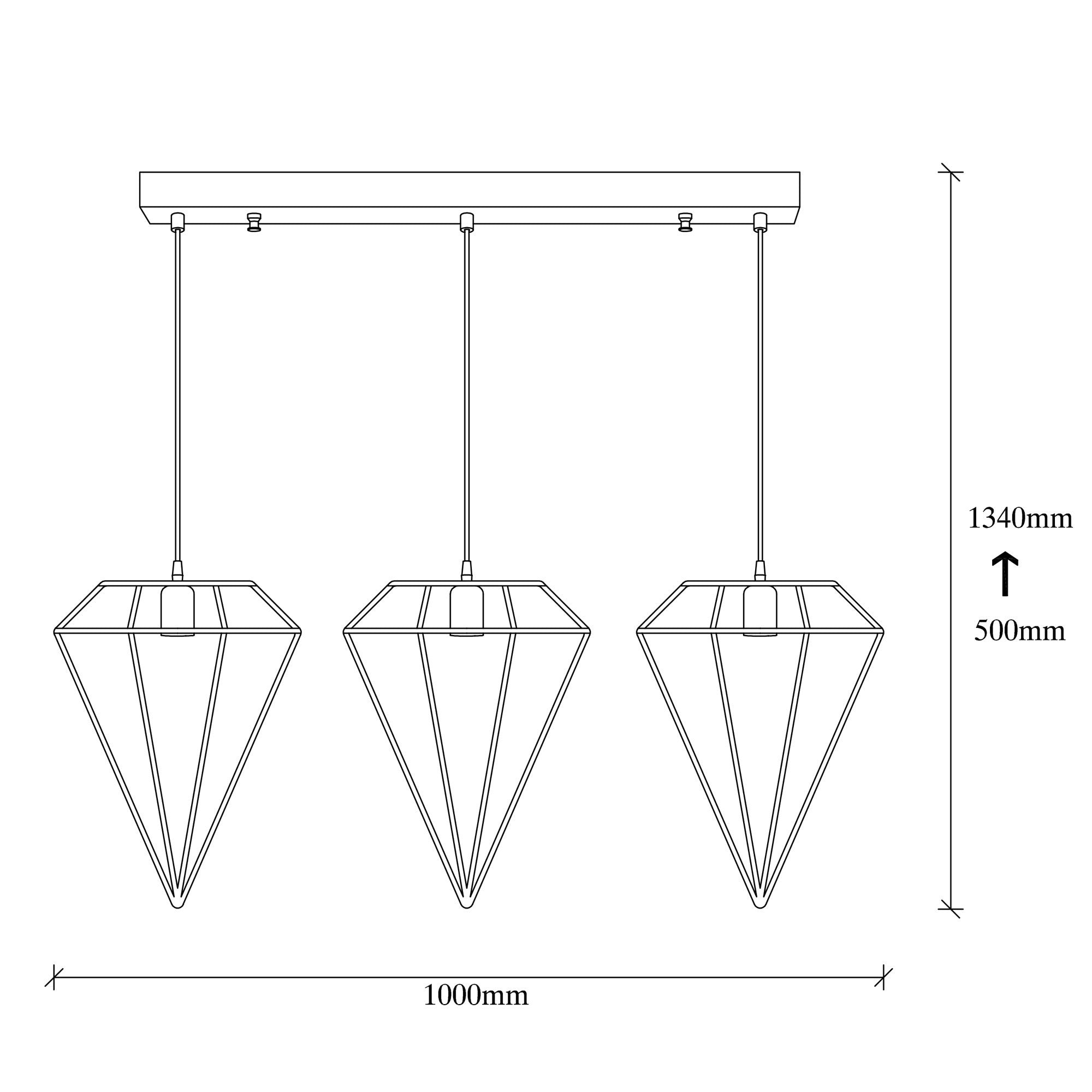 Suspension filaire diamant 3 lampes alignées Berlioz L100cm Métal Noir et Or