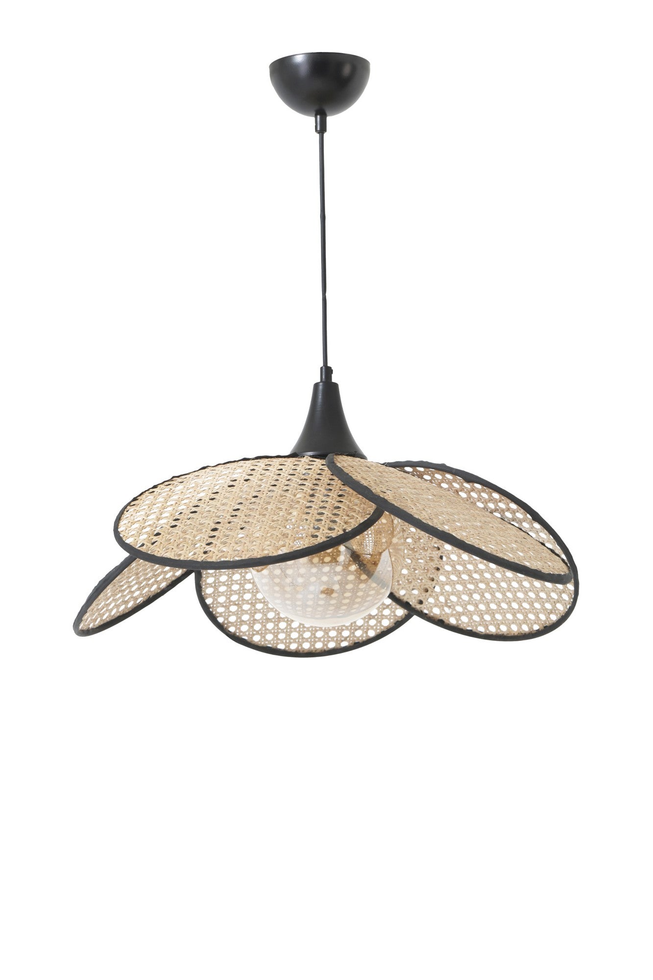 Suspension style boho avec cannage et boule en verre Bath D45cm Métal Noir et Rotin Beige