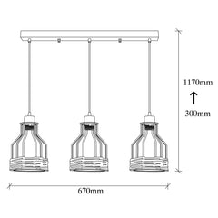 Suspension style industriel 3 lampes alignées Camarose 67cm Métal Noir et chrome