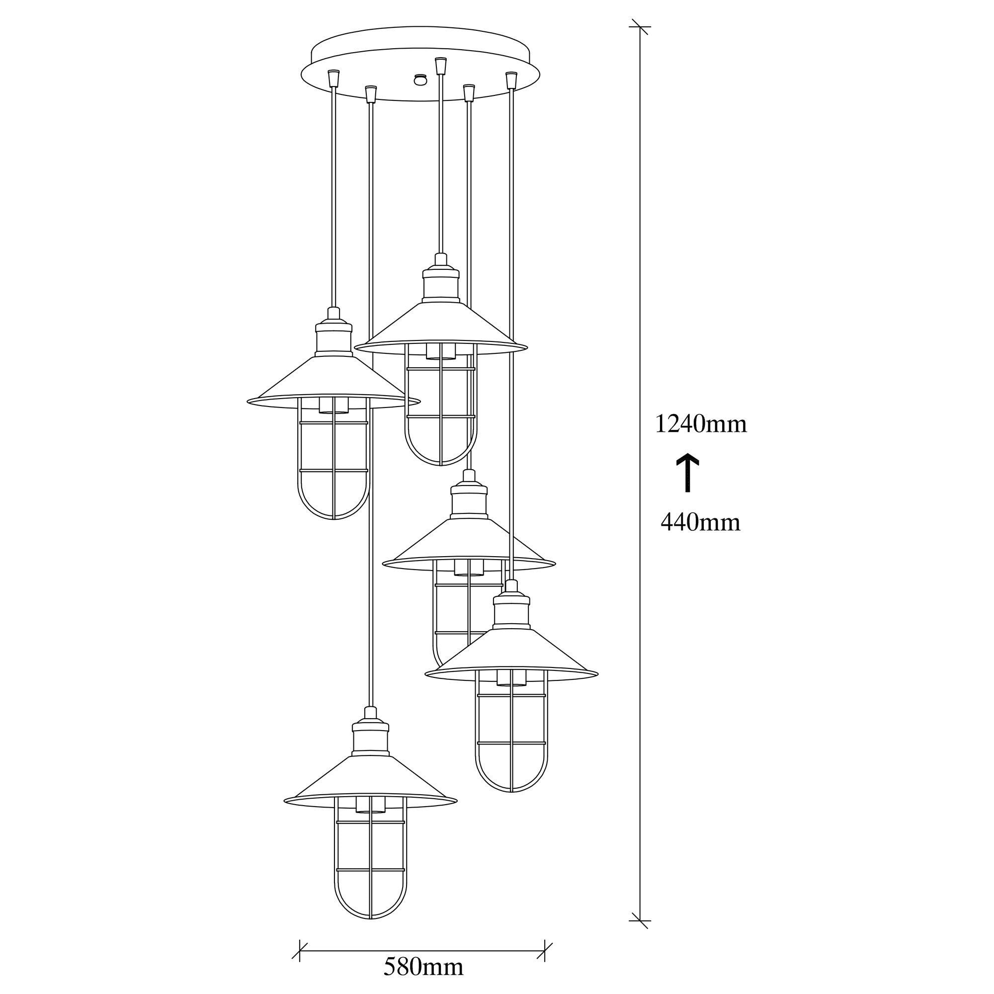 Suspension style industriel 5 lampes escalier Làmpara D58cm Métal Noir