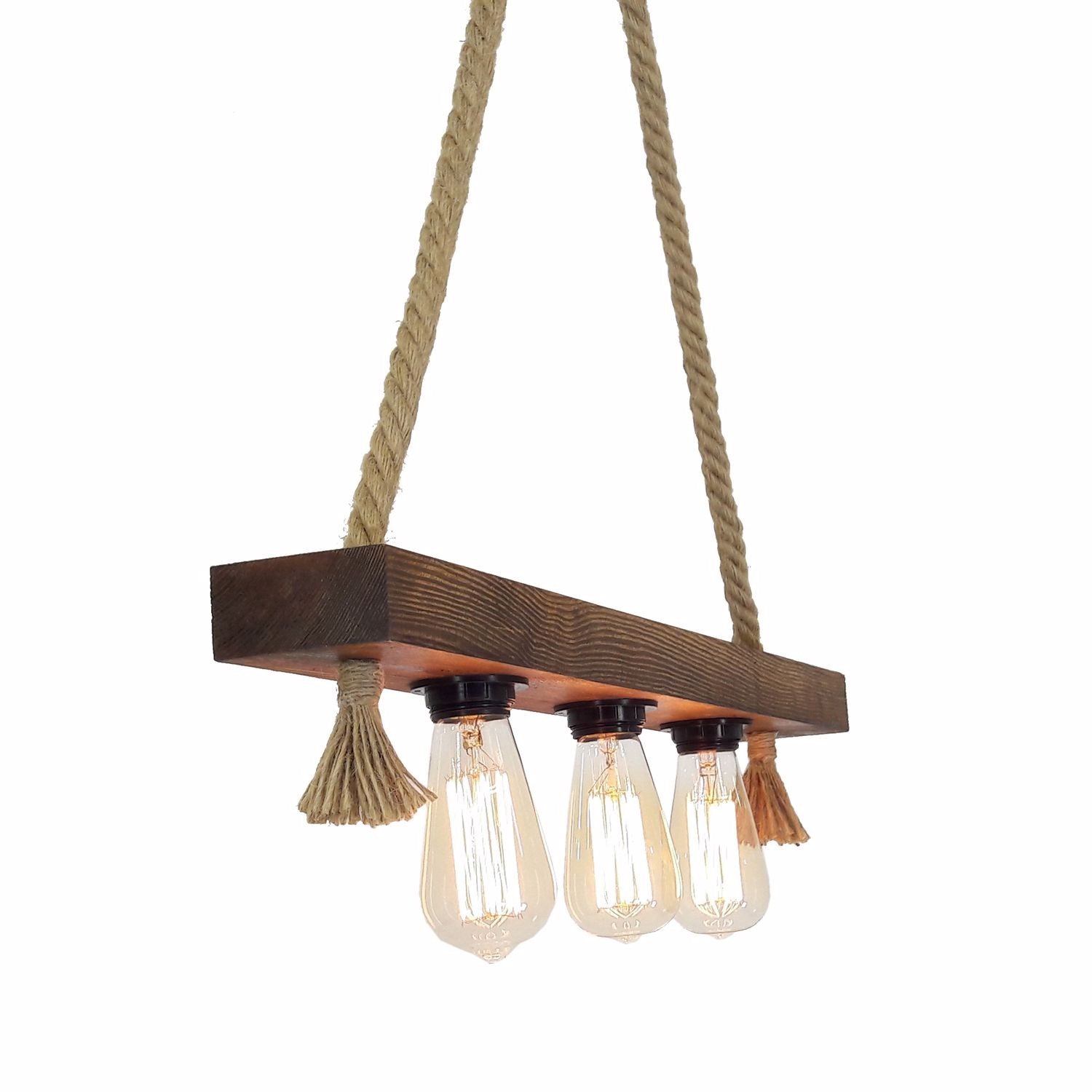 Suspension style rustique 3 lampes alignées Tarane L60cm Pin massif foncé