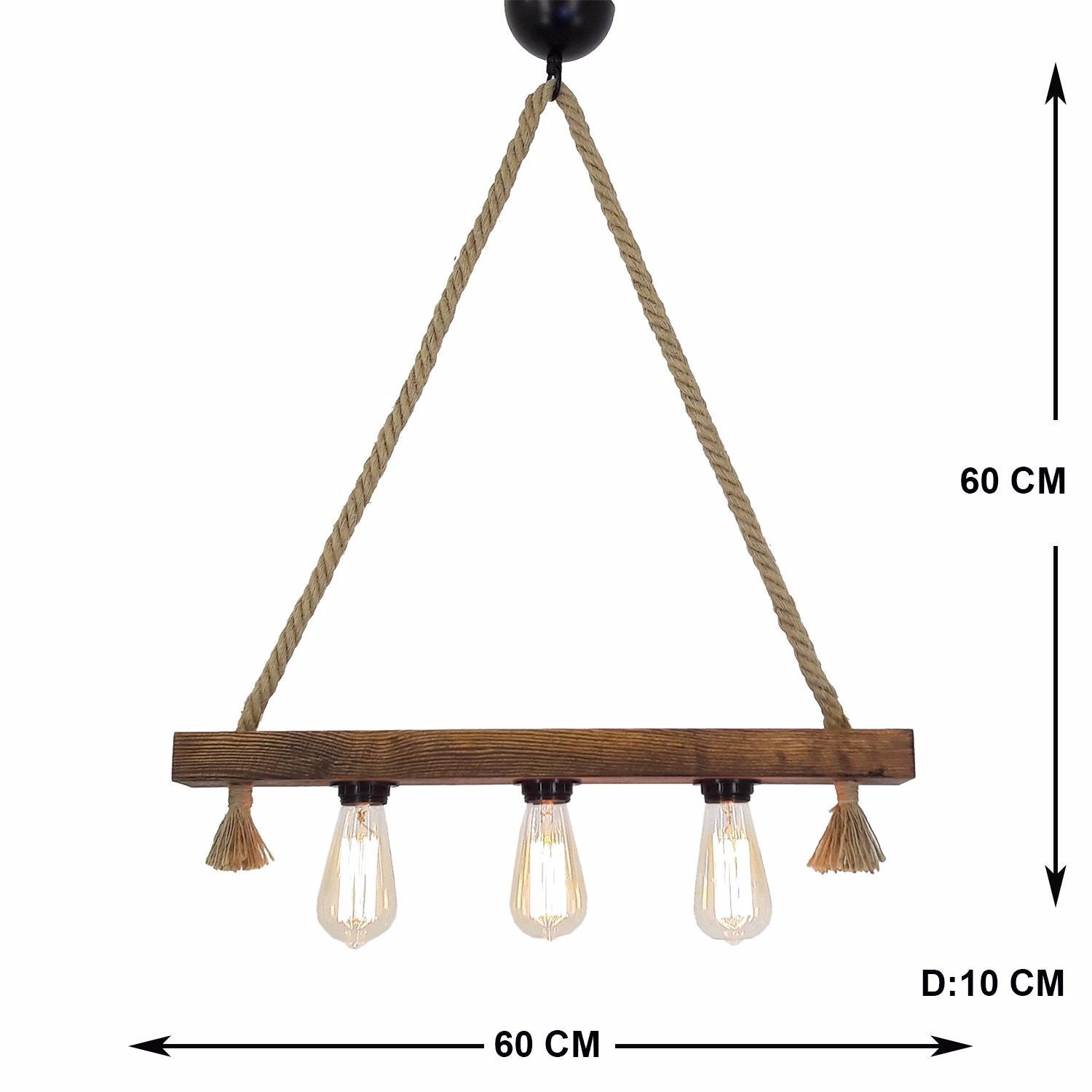 Suspension style rustique 3 lampes alignées Tarane L60cm Pin massif foncé